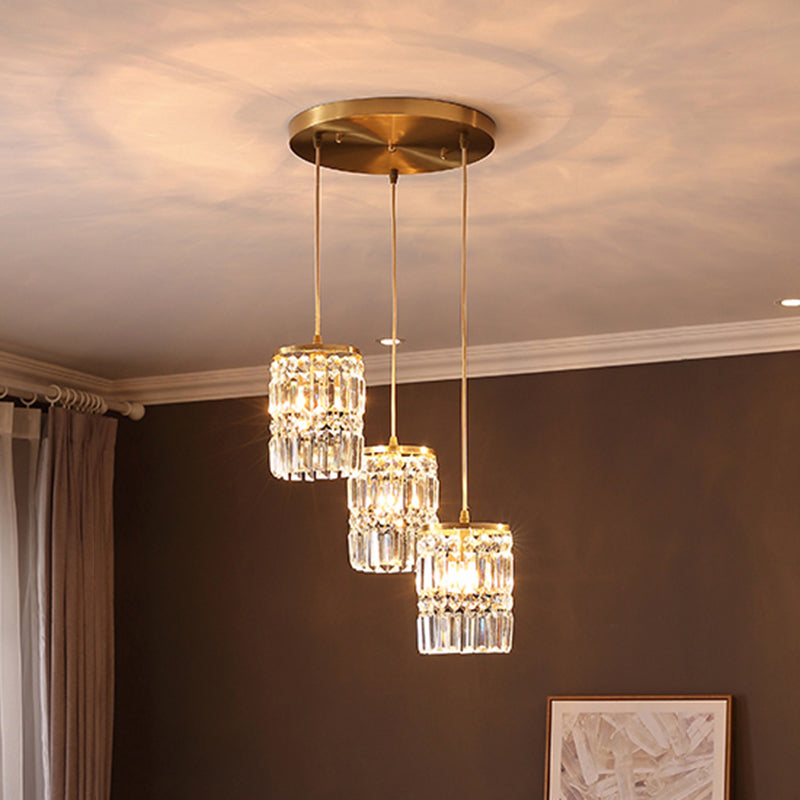 Crystal Cylindrical Multi Light Pendant Minimalist 3-Light Gold Hanging Light Fixture for Dining Room Gold Round Clearhalo 'Ceiling Lights' 'Modern Pendants' 'Modern' 'Pendant Lights' 'Pendants' Lighting' 2461117