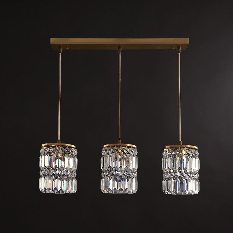 Crystal Cylindrical Multi Light Pendant Minimalist 3-Light Gold Hanging Light Fixture for Dining Room Clearhalo 'Ceiling Lights' 'Modern Pendants' 'Modern' 'Pendant Lights' 'Pendants' Lighting' 2461118