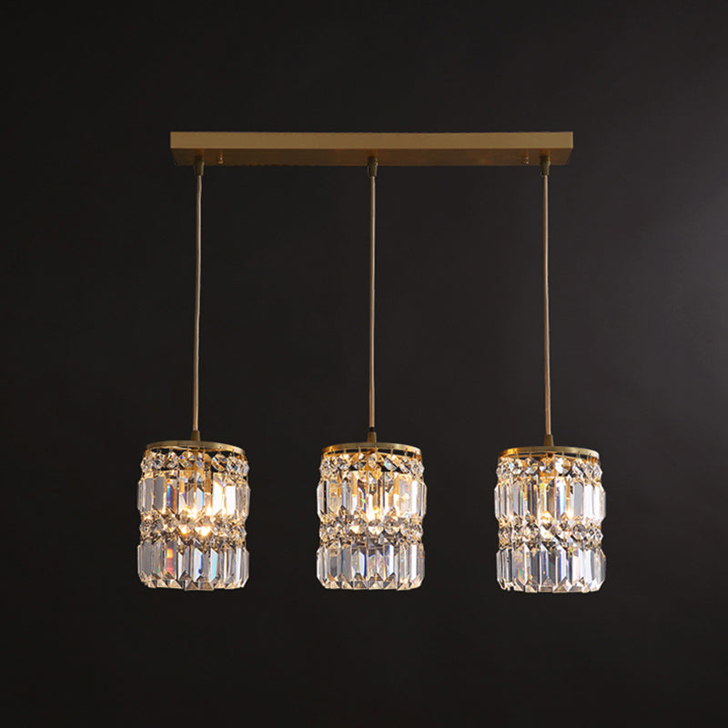 Crystal Cylindrical Multi Light Pendant Minimalist 3-Light Gold Hanging Light Fixture for Dining Room Clearhalo 'Ceiling Lights' 'Modern Pendants' 'Modern' 'Pendant Lights' 'Pendants' Lighting' 2461119