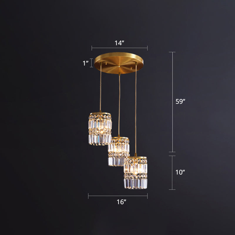 Crystal Cylindrical Multi Light Pendant Minimalist 3-Light Gold Hanging Light Fixture for Dining Room Clearhalo 'Ceiling Lights' 'Modern Pendants' 'Modern' 'Pendant Lights' 'Pendants' Lighting' 2461120