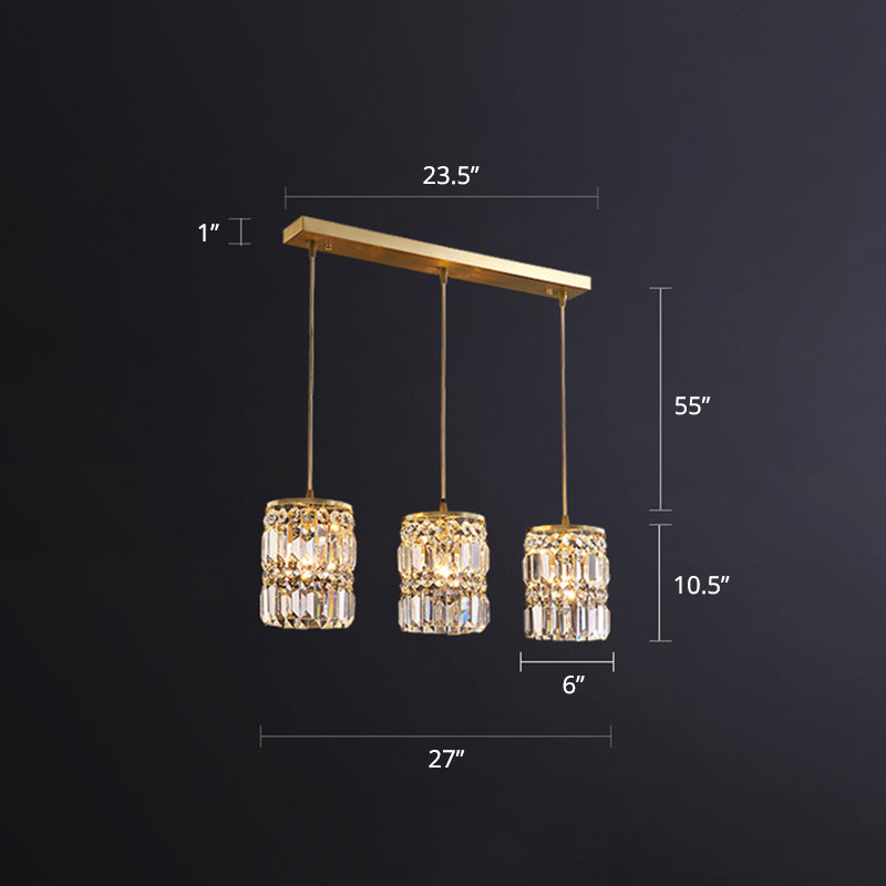 Crystal Cylindrical Multi Light Pendant Minimalist 3-Light Gold Hanging Light Fixture for Dining Room Clearhalo 'Ceiling Lights' 'Modern Pendants' 'Modern' 'Pendant Lights' 'Pendants' Lighting' 2461121