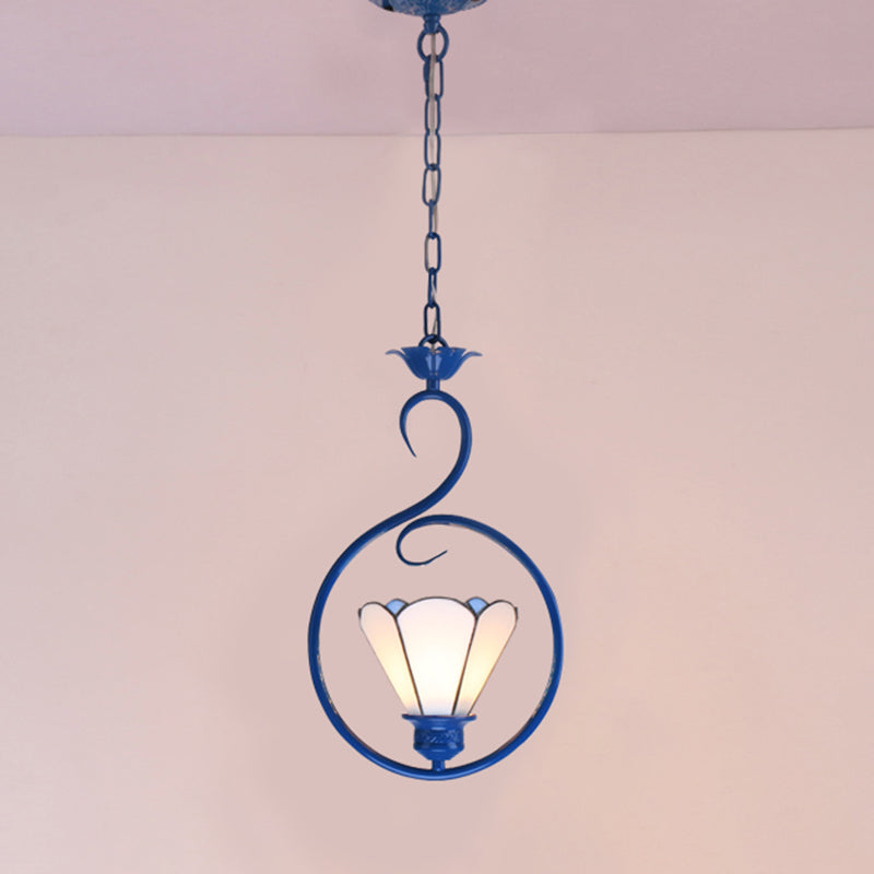 Blue Ring Pendulum Light Vintage 1 Head Tiffany Glass Pendant Ceiling Lamp for Bedroom Blue Circle Clearhalo 'Art Deco Pendants' 'Cast Iron' 'Ceiling Lights' 'Ceramic' 'Close To Ceiling Lights' 'Crystal' 'Industrial' 'Metal' 'Middle Century Pendants' 'Pendant Lights' 'Pendants' 'Tiffany close to ceiling' 'Tiffany Pendants' 'Tiffany' Lighting' 2461135