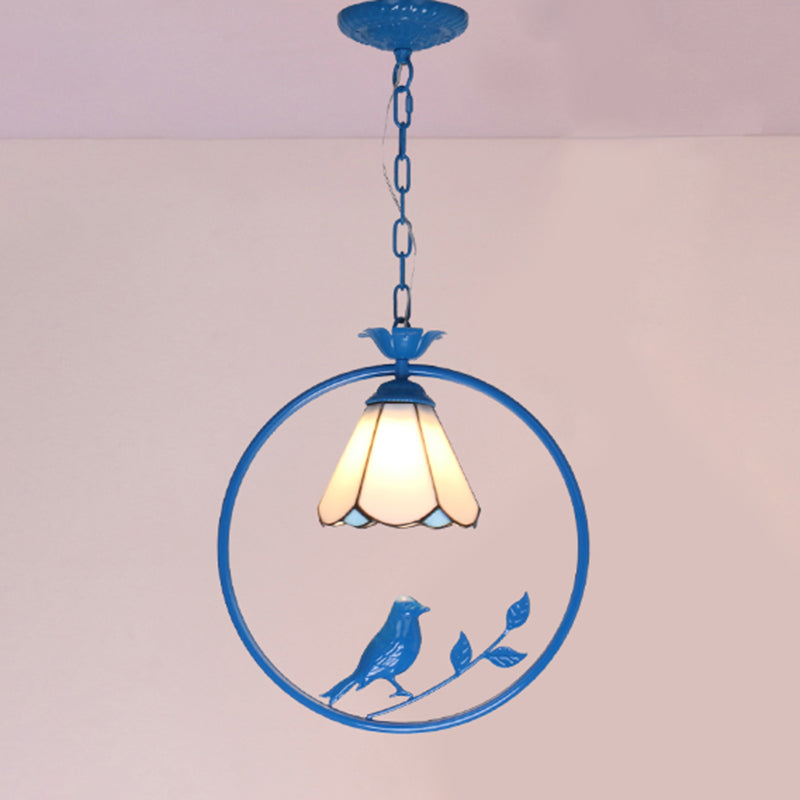 Blue Ring Pendulum Light Vintage 1 Head Tiffany Glass Pendant Ceiling Lamp for Bedroom Blue Cone Clearhalo 'Art Deco Pendants' 'Cast Iron' 'Ceiling Lights' 'Ceramic' 'Close To Ceiling Lights' 'Crystal' 'Industrial' 'Metal' 'Middle Century Pendants' 'Pendant Lights' 'Pendants' 'Tiffany close to ceiling' 'Tiffany Pendants' 'Tiffany' Lighting' 2461138
