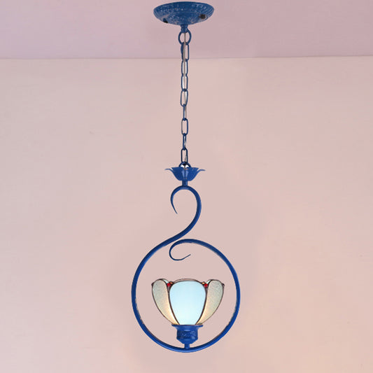 Blue Ring Pendulum Light Vintage 1 Head Tiffany Glass Pendant Ceiling Lamp for Bedroom Blue Flower Clearhalo 'Art Deco Pendants' 'Cast Iron' 'Ceiling Lights' 'Ceramic' 'Close To Ceiling Lights' 'Crystal' 'Industrial' 'Metal' 'Middle Century Pendants' 'Pendant Lights' 'Pendants' 'Tiffany close to ceiling' 'Tiffany Pendants' 'Tiffany' Lighting' 2461139