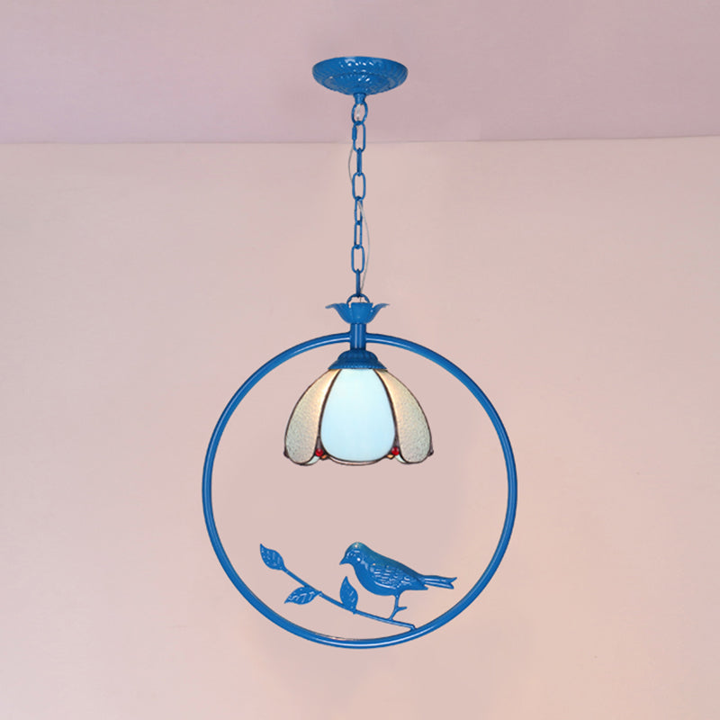 Blue Ring Pendulum Light Vintage 1 Head Tiffany Glass Pendant Ceiling Lamp for Bedroom Blue Leaf Clearhalo 'Art Deco Pendants' 'Cast Iron' 'Ceiling Lights' 'Ceramic' 'Close To Ceiling Lights' 'Crystal' 'Industrial' 'Metal' 'Middle Century Pendants' 'Pendant Lights' 'Pendants' 'Tiffany close to ceiling' 'Tiffany Pendants' 'Tiffany' Lighting' 2461140