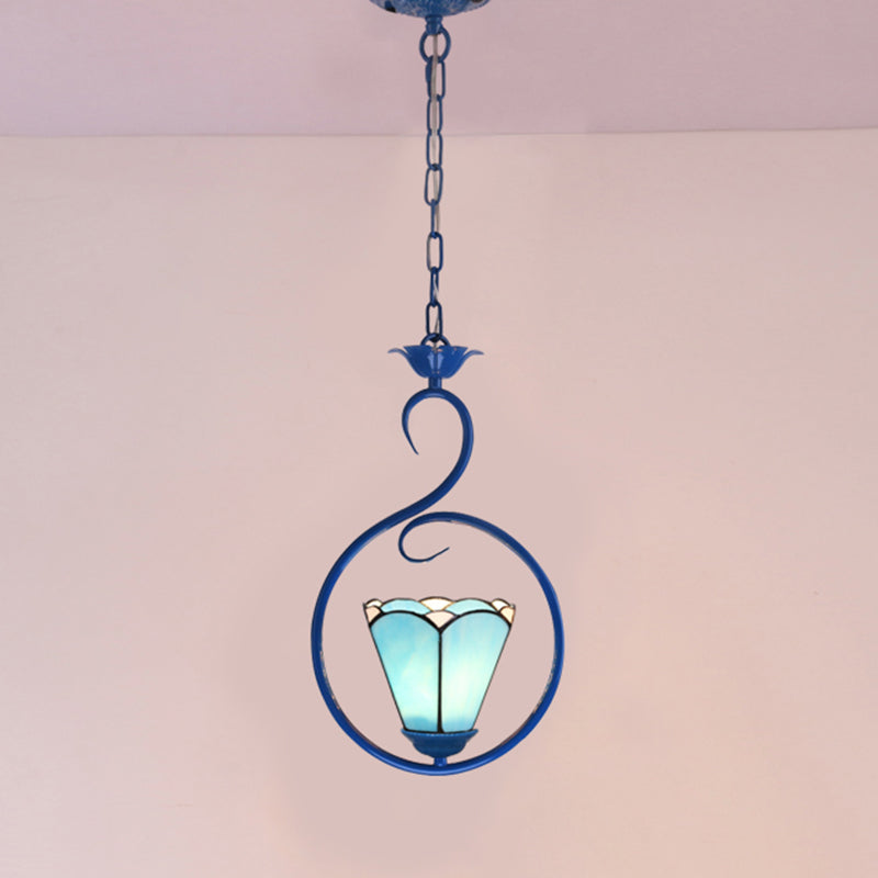 Blue Ring Pendulum Light Vintage 1 Head Tiffany Glass Pendant Ceiling Lamp for Bedroom Blue Fillet Clearhalo 'Art Deco Pendants' 'Cast Iron' 'Ceiling Lights' 'Ceramic' 'Close To Ceiling Lights' 'Crystal' 'Industrial' 'Metal' 'Middle Century Pendants' 'Pendant Lights' 'Pendants' 'Tiffany close to ceiling' 'Tiffany Pendants' 'Tiffany' Lighting' 2461143