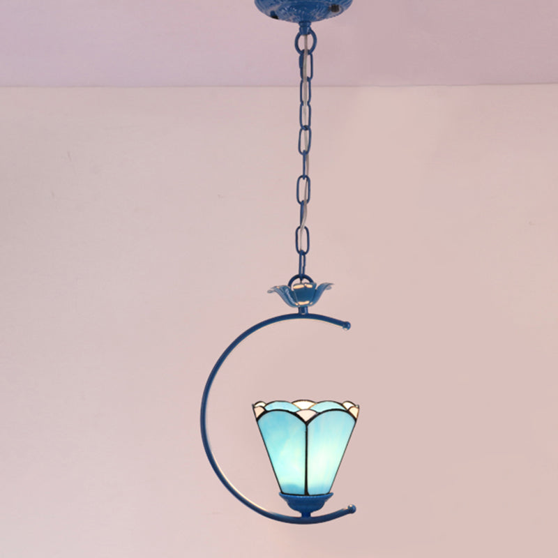 Blue Ring Pendulum Light Vintage 1 Head Tiffany Glass Pendant Ceiling Lamp for Bedroom Blue Round Canopy Clearhalo 'Art Deco Pendants' 'Cast Iron' 'Ceiling Lights' 'Ceramic' 'Close To Ceiling Lights' 'Crystal' 'Industrial' 'Metal' 'Middle Century Pendants' 'Pendant Lights' 'Pendants' 'Tiffany close to ceiling' 'Tiffany Pendants' 'Tiffany' Lighting' 2461144
