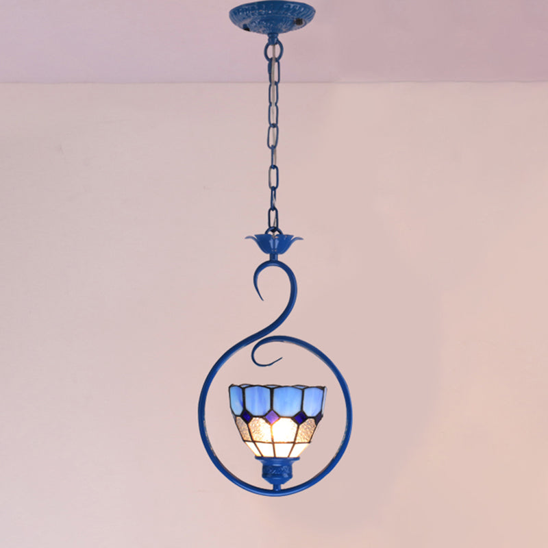 Blue Ring Pendulum Light Vintage 1 Head Tiffany Glass Pendant Ceiling Lamp for Bedroom Blue Round Clearhalo 'Art Deco Pendants' 'Cast Iron' 'Ceiling Lights' 'Ceramic' 'Close To Ceiling Lights' 'Crystal' 'Industrial' 'Metal' 'Middle Century Pendants' 'Pendant Lights' 'Pendants' 'Tiffany close to ceiling' 'Tiffany Pendants' 'Tiffany' Lighting' 2461146