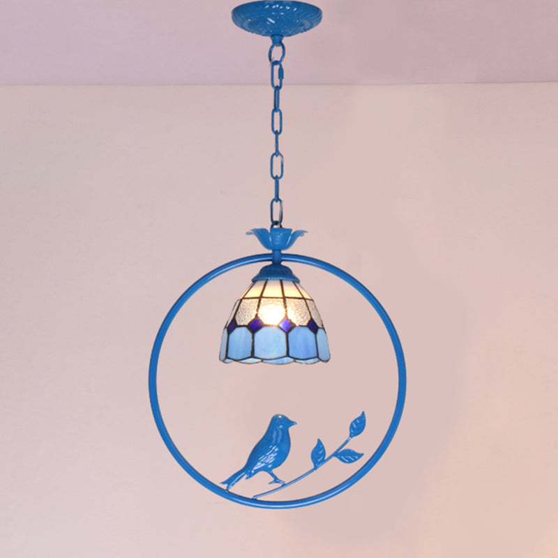 Blue Ring Pendulum Light Vintage 1 Head Tiffany Glass Pendant Ceiling Lamp for Bedroom Blue Dome Clearhalo 'Art Deco Pendants' 'Cast Iron' 'Ceiling Lights' 'Ceramic' 'Close To Ceiling Lights' 'Crystal' 'Industrial' 'Metal' 'Middle Century Pendants' 'Pendant Lights' 'Pendants' 'Tiffany close to ceiling' 'Tiffany Pendants' 'Tiffany' Lighting' 2461148