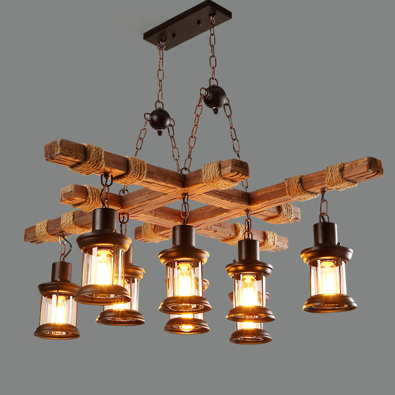 8 Lights Chandelier Nautical Pub Suspension Lighting with Lantern Clear Glass Shade in Wood Clearhalo 'Carpenter Chandeliers' 'Ceiling Lights' 'Chandeliers' 'Industrial Chandeliers' 'Industrial' 'Middle Century Chandeliers' 'Modern' 'Tiffany' Lighting' 2461204