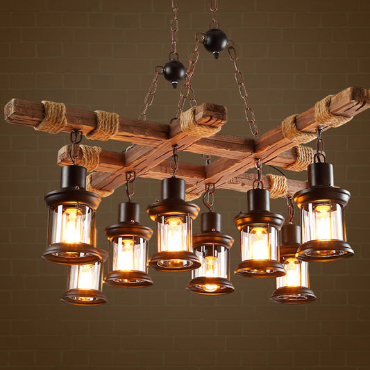 8 Lights Chandelier Nautical Pub Suspension Lighting with Lantern Clear Glass Shade in Wood Clearhalo 'Carpenter Chandeliers' 'Ceiling Lights' 'Chandeliers' 'Industrial Chandeliers' 'Industrial' 'Middle Century Chandeliers' 'Modern' 'Tiffany' Lighting' 2461205