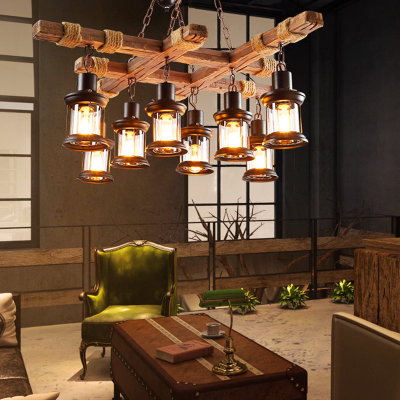 8 Lights Chandelier Nautical Pub Suspension Lighting with Lantern Clear Glass Shade in Wood Clearhalo 'Carpenter Chandeliers' 'Ceiling Lights' 'Chandeliers' 'Industrial Chandeliers' 'Industrial' 'Middle Century Chandeliers' 'Modern' 'Tiffany' Lighting' 2461206