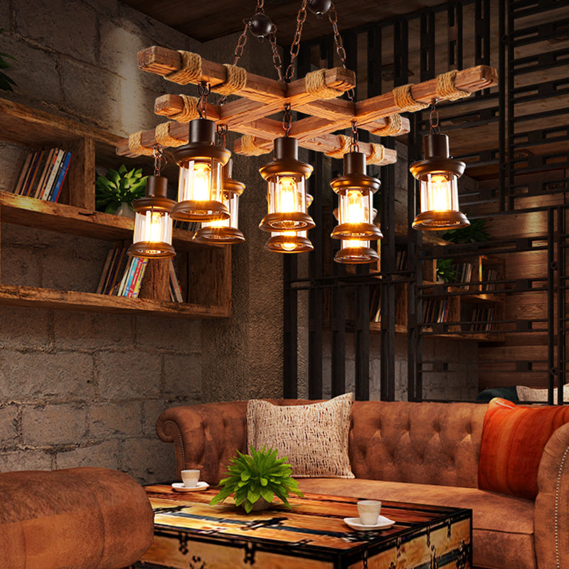 8 Lights Chandelier Nautical Pub Suspension Lighting with Lantern Clear Glass Shade in Wood Clearhalo 'Carpenter Chandeliers' 'Ceiling Lights' 'Chandeliers' 'Industrial Chandeliers' 'Industrial' 'Middle Century Chandeliers' 'Modern' 'Tiffany' Lighting' 2461207