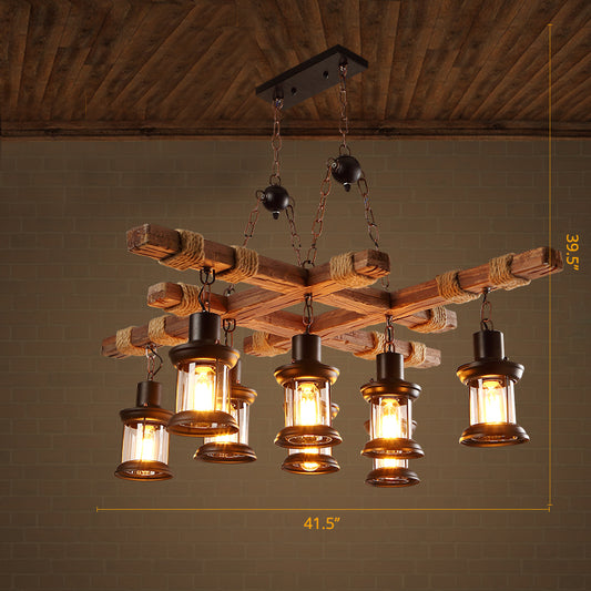 8 Lights Chandelier Nautical Pub Suspension Lighting with Lantern Clear Glass Shade in Wood Clearhalo 'Carpenter Chandeliers' 'Ceiling Lights' 'Chandeliers' 'Industrial Chandeliers' 'Industrial' 'Middle Century Chandeliers' 'Modern' 'Tiffany' Lighting' 2461209