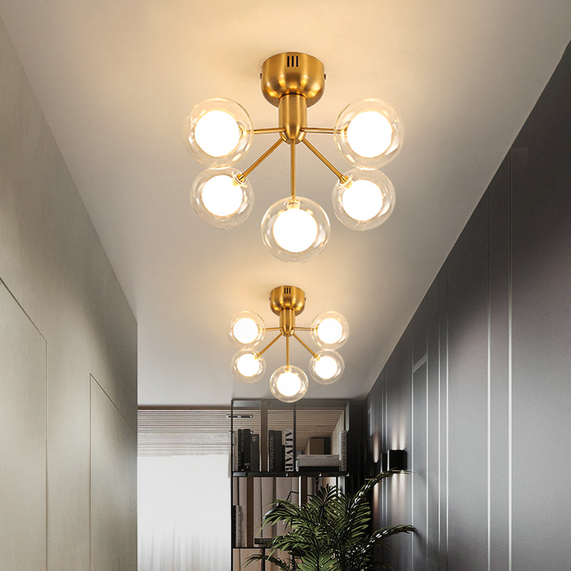 Clear and Frosted Glass Molecule Ceiling Fixture Minimalistic 5-Head Semi Flush Mount Light for Corridor Clearhalo 'Ceiling Lights' 'Close To Ceiling Lights' 'Close to ceiling' 'Glass shade' 'Glass' 'Semi-flushmount' Lighting' 2461254