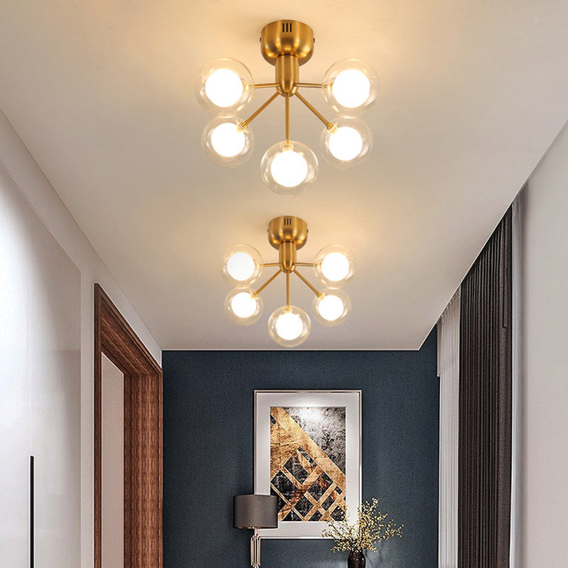 Clear and Frosted Glass Molecule Ceiling Fixture Minimalistic 5-Head Semi Flush Mount Light for Corridor Gold Clearhalo 'Ceiling Lights' 'Close To Ceiling Lights' 'Close to ceiling' 'Glass shade' 'Glass' 'Semi-flushmount' Lighting' 2461255