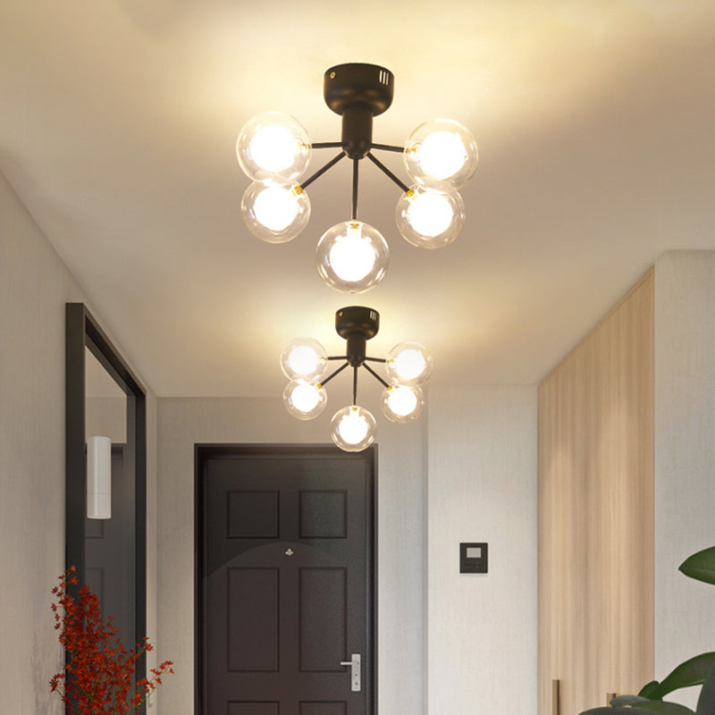 Clear and Frosted Glass Molecule Ceiling Fixture Minimalistic 5-Head Semi Flush Mount Light for Corridor Black Clearhalo 'Ceiling Lights' 'Close To Ceiling Lights' 'Close to ceiling' 'Glass shade' 'Glass' 'Semi-flushmount' Lighting' 2461256