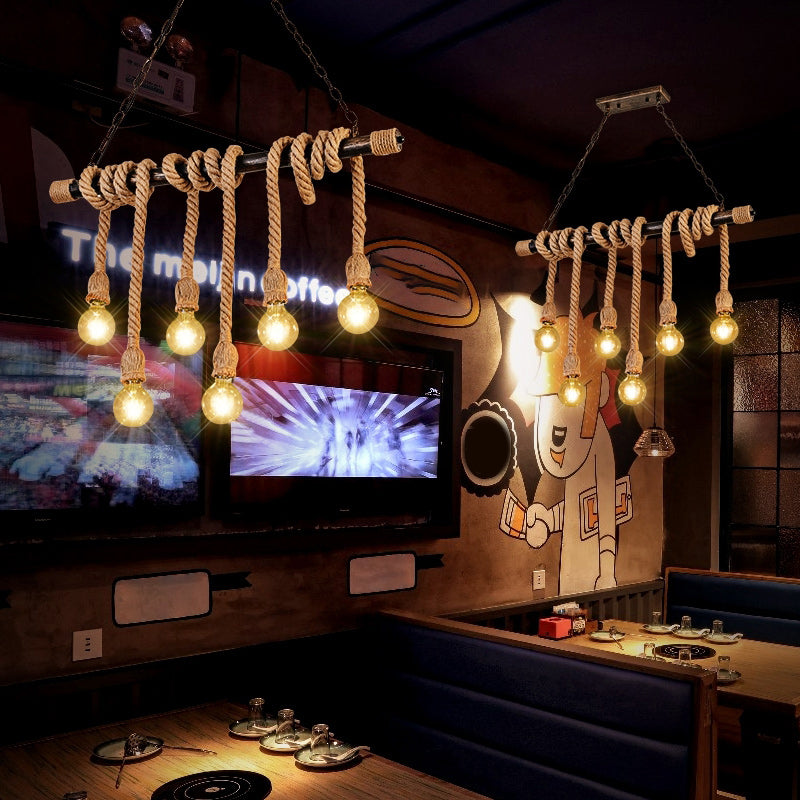 Exposed Bulb Pendant Lighting Farmhouse Wood Hemp Rope Island Light for Restaurant Clearhalo 'Ceiling Lights' 'Island Lights' Lighting' 2461277