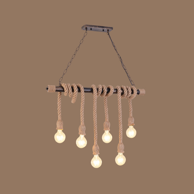 Exposed Bulb Pendant Lighting Farmhouse Wood Hemp Rope Island Light for Restaurant 6 Wood Clearhalo 'Ceiling Lights' 'Island Lights' Lighting' 2461278