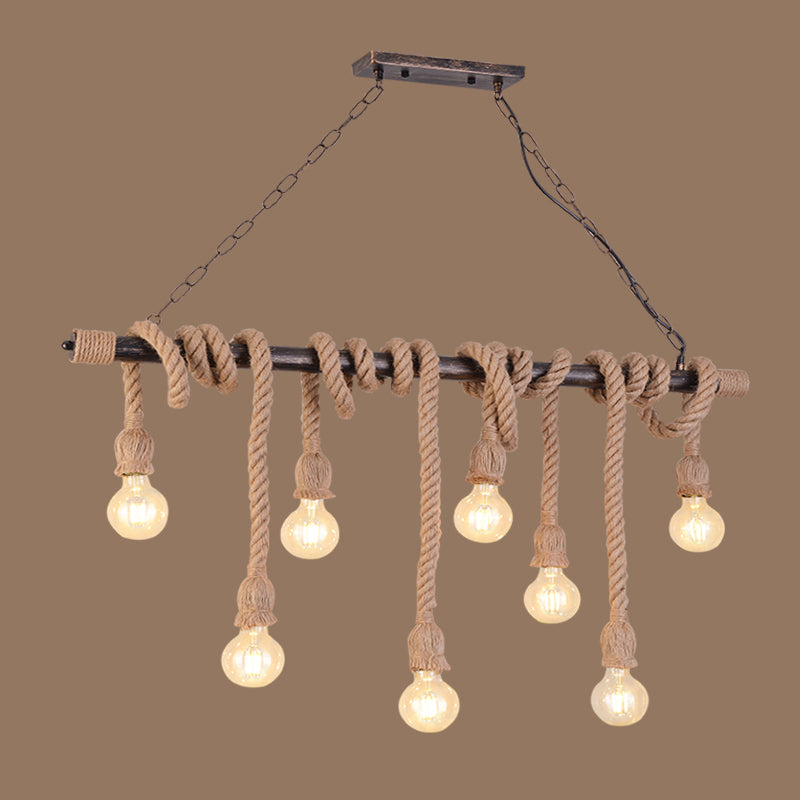 Exposed Bulb Pendant Lighting Farmhouse Wood Hemp Rope Island Light for Restaurant 8 Wood Clearhalo 'Ceiling Lights' 'Island Lights' Lighting' 2461279