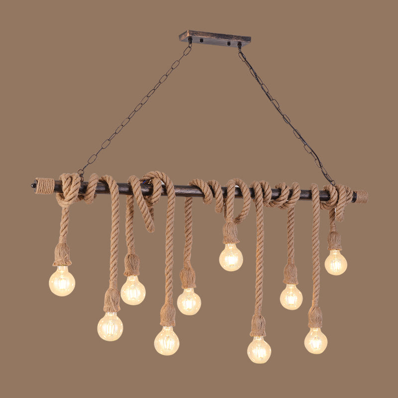 Exposed Bulb Pendant Lighting Farmhouse Wood Hemp Rope Island Light for Restaurant 10 Wood Clearhalo 'Ceiling Lights' 'Island Lights' Lighting' 2461281