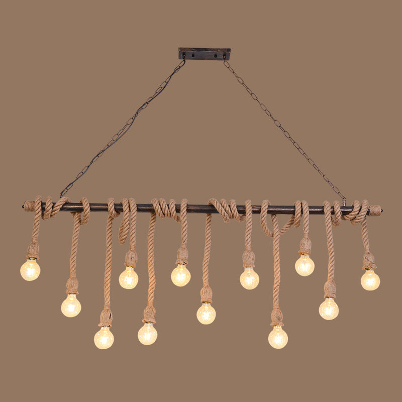 Exposed Bulb Pendant Lighting Farmhouse Wood Hemp Rope Island Light for Restaurant 12 Wood Clearhalo 'Ceiling Lights' 'Island Lights' Lighting' 2461283