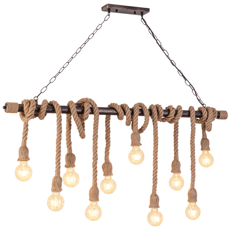 Exposed Bulb Pendant Lighting Farmhouse Wood Hemp Rope Island Light for Restaurant Clearhalo 'Ceiling Lights' 'Island Lights' Lighting' 2461284