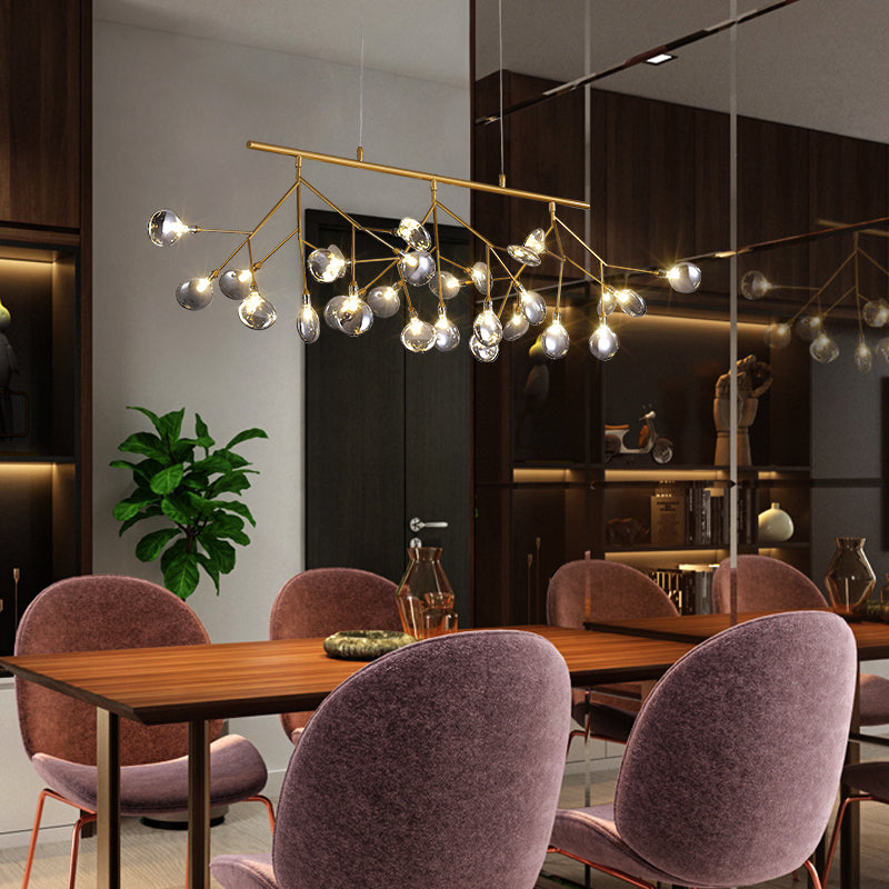 Minimalist 27-Bulb Island Light Brass Finish Branch Hanging Lamp with Glass Shade Clearhalo 'Ceiling Lights' 'Island Lights' Lighting' 2461299
