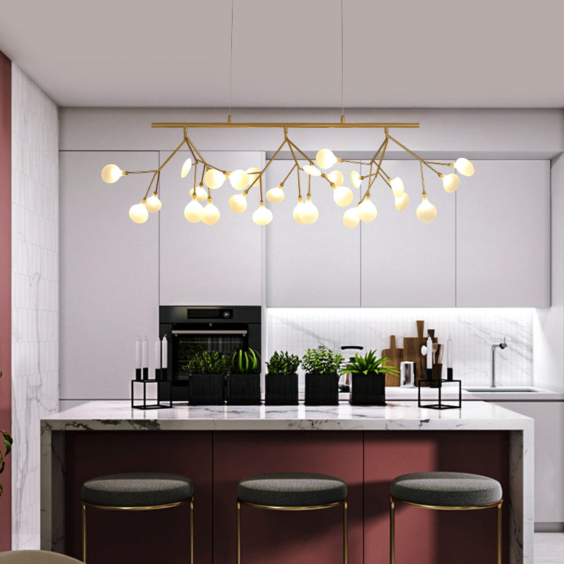 Minimalist 27-Bulb Island Light Brass Finish Branch Hanging Lamp with Glass Shade Clearhalo 'Ceiling Lights' 'Island Lights' Lighting' 2461301