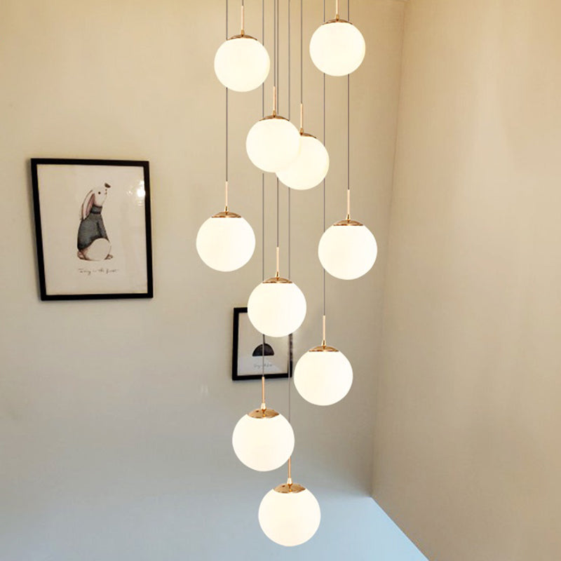 Cream Glass Bubbles Multi Pendant Ceiling Light Minimalism White Glass Staircase Suspension Light in Gold 10 Gold Clearhalo 'Ceiling Lights' 'Modern Pendants' 'Modern' 'Pendant Lights' 'Pendants' Lighting' 2461329