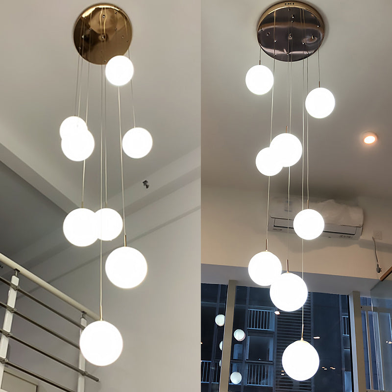 Cream Glass Bubbles Multi Pendant Ceiling Light Minimalism White Glass Staircase Suspension Light in Gold 8 Gold Clearhalo 'Ceiling Lights' 'Modern Pendants' 'Modern' 'Pendant Lights' 'Pendants' Lighting' 2461331
