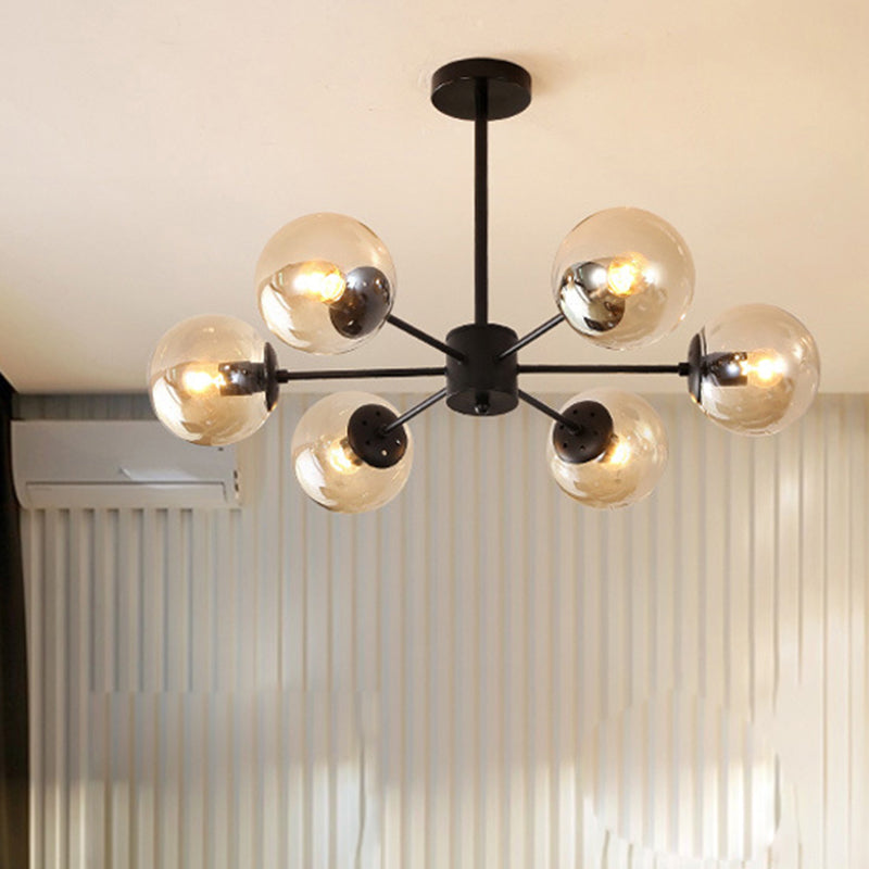 Amber/Blue/Clear Glass Spherical Chandelier Light Post Modern 6/8/10 Lights Black Pendant Lamp for Bedroom 6 Amber Clearhalo 'Ceiling Lights' 'Chandeliers' 'Clear' 'Glass shade' 'Glass' 'Industrial' 'Modern Chandeliers' 'Modern' 'Tiffany' 'Traditional Chandeliers' Lighting' 246135