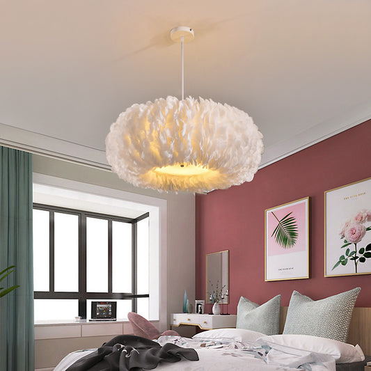 Donut Shaped Pendant Lamp Simple Style Feather Bedroom Ceiling Chandelier in White Clearhalo 'Ceiling Lights' 'Chandeliers' 'Modern Chandeliers' 'Modern' Lighting' 2461380