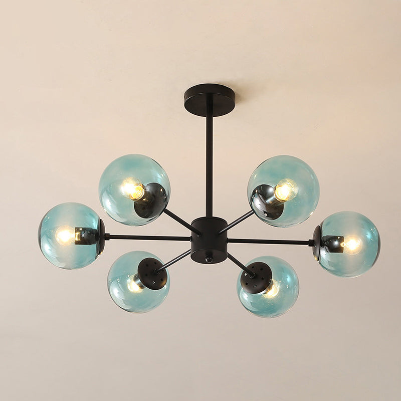 Amber/Blue/Clear Glass Spherical Chandelier Light Post Modern 6/8/10 Lights Black Pendant Lamp for Bedroom 6 Blue Clearhalo 'Ceiling Lights' 'Chandeliers' 'Clear' 'Glass shade' 'Glass' 'Industrial' 'Modern Chandeliers' 'Modern' 'Tiffany' 'Traditional Chandeliers' Lighting' 246139