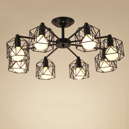 Metal Wire Black Ceiling Light Hexagon Cage Vintage Chandelier Lighting for Living Room 8 Black Clearhalo 'Cast Iron' 'Ceiling Lights' 'Chandeliers' 'Industrial Chandeliers' 'Industrial' 'Metal' 'Middle Century Chandeliers' 'Rustic Chandeliers' 'Tiffany' Lighting' 2461390