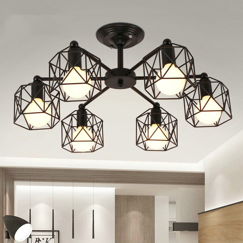 Metal Wire Black Ceiling Light Hexagon Cage Vintage Chandelier Lighting for Living Room 6 Black Clearhalo 'Cast Iron' 'Ceiling Lights' 'Chandeliers' 'Industrial Chandeliers' 'Industrial' 'Metal' 'Middle Century Chandeliers' 'Rustic Chandeliers' 'Tiffany' Lighting' 2461391
