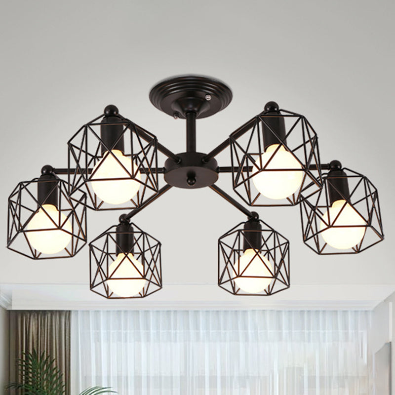 Metal Wire Black Ceiling Light Hexagon Cage Vintage Chandelier Lighting for Living Room Clearhalo 'Cast Iron' 'Ceiling Lights' 'Chandeliers' 'Industrial Chandeliers' 'Industrial' 'Metal' 'Middle Century Chandeliers' 'Rustic Chandeliers' 'Tiffany' Lighting' 2461392