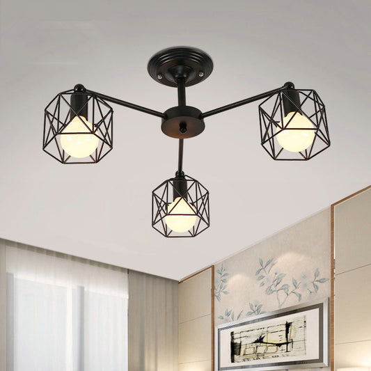 Metal Wire Black Ceiling Light Hexagon Cage Vintage Chandelier Lighting for Living Room 3 Black Clearhalo 'Cast Iron' 'Ceiling Lights' 'Chandeliers' 'Industrial Chandeliers' 'Industrial' 'Metal' 'Middle Century Chandeliers' 'Rustic Chandeliers' 'Tiffany' Lighting' 2461393