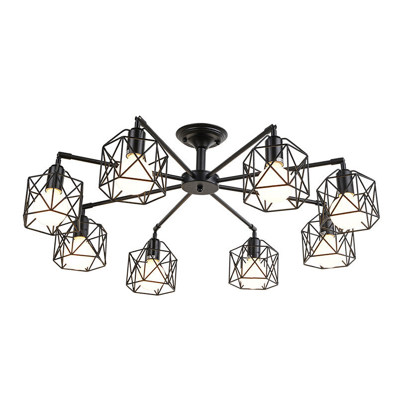 Metal Wire Black Ceiling Light Hexagon Cage Vintage Chandelier Lighting for Living Room Clearhalo 'Cast Iron' 'Ceiling Lights' 'Chandeliers' 'Industrial Chandeliers' 'Industrial' 'Metal' 'Middle Century Chandeliers' 'Rustic Chandeliers' 'Tiffany' Lighting' 2461394