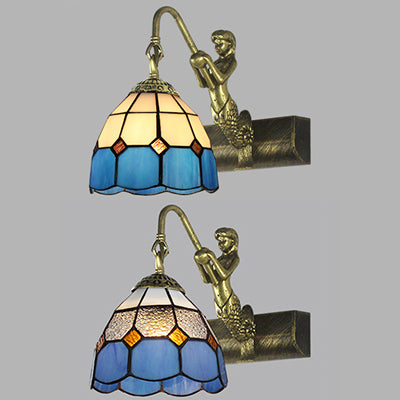 Dome Wall Light Fixture 1 Head Blue/Clear Glass Baroque Sconce Lighting with Mermaid Backplate Clearhalo 'Industrial' 'Middle century wall lights' 'Tiffany wall lights' 'Tiffany' 'Wall Lamps & Sconces' 'Wall Lights' Lighting' 24614