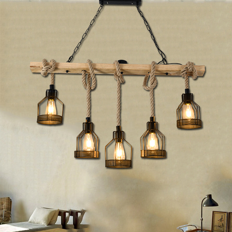 Wood Hanging Island Light Farmhouse Metal Bottle Shaped Cage Pendant Lamp for Restaurant 5 Wood Clearhalo 'Ceiling Lights' 'Island Lights' Lighting' 2461417