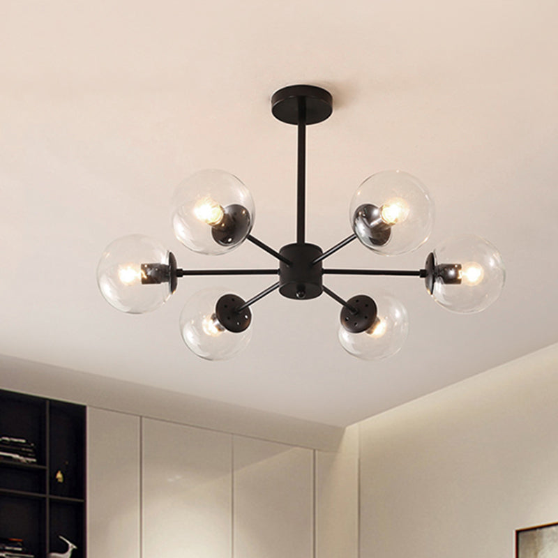 Amber/Blue/Clear Glass Spherical Chandelier Light Post Modern 6/8/10 Lights Black Pendant Lamp for Bedroom Clearhalo 'Ceiling Lights' 'Chandeliers' 'Clear' 'Glass shade' 'Glass' 'Industrial' 'Modern Chandeliers' 'Modern' 'Tiffany' 'Traditional Chandeliers' Lighting' 246142
