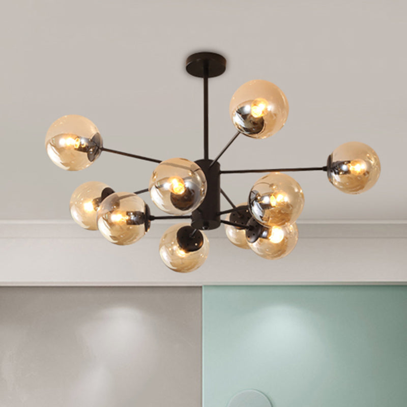Amber/Blue/Clear Glass Spherical Chandelier Light Post Modern 6/8/10 Lights Black Pendant Lamp for Bedroom Clearhalo 'Ceiling Lights' 'Chandeliers' 'Clear' 'Glass shade' 'Glass' 'Industrial' 'Modern Chandeliers' 'Modern' 'Tiffany' 'Traditional Chandeliers' Lighting' 246144