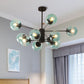 Amber/Blue/Clear Glass Spherical Chandelier Light Post Modern 6/8/10 Lights Black Pendant Lamp for Bedroom 10 Blue Clearhalo 'Ceiling Lights' 'Chandeliers' 'Clear' 'Glass shade' 'Glass' 'Industrial' 'Modern Chandeliers' 'Modern' 'Tiffany' 'Traditional Chandeliers' Lighting' 246145