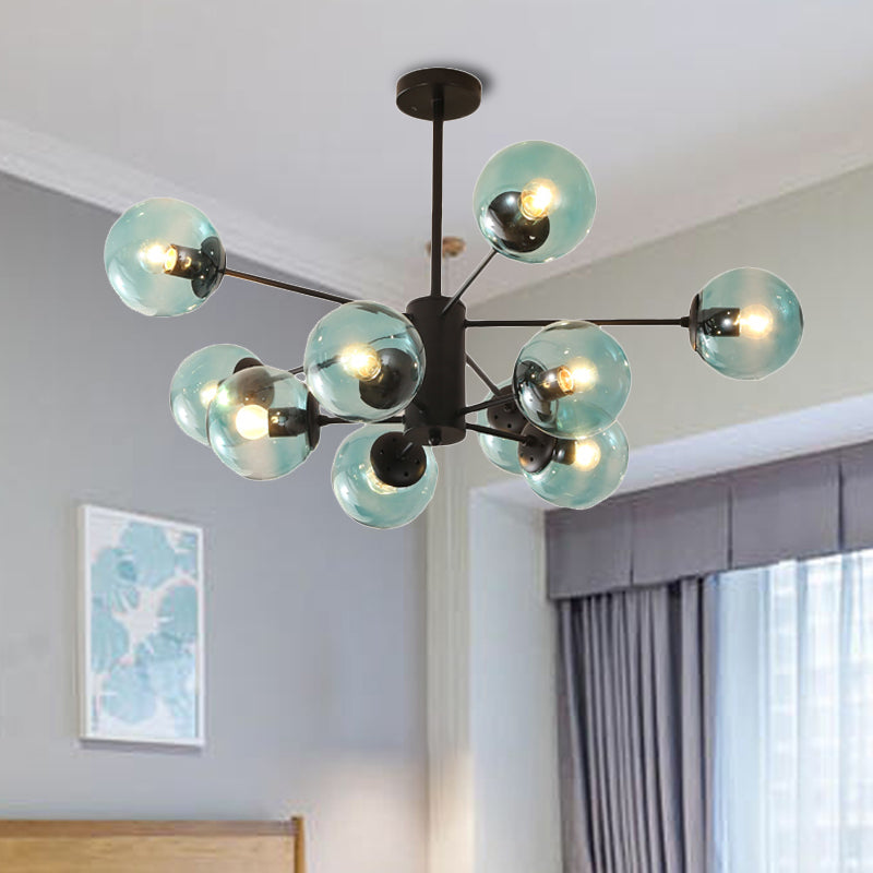 Amber/Blue/Clear Glass Spherical Chandelier Light Post Modern 6/8/10 Lights Black Pendant Lamp for Bedroom 10 Blue Clearhalo 'Ceiling Lights' 'Chandeliers' 'Clear' 'Glass shade' 'Glass' 'Industrial' 'Modern Chandeliers' 'Modern' 'Tiffany' 'Traditional Chandeliers' Lighting' 246145