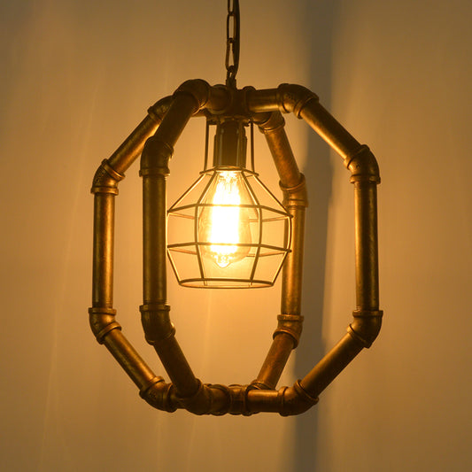 Metal Dual Cage Ceiling Hanging Lantern Industrial 1 Bulb Dining Room Pendant Light in Brass Clearhalo 'Art Deco Pendants' 'Cast Iron' 'Ceiling Lights' 'Ceramic' 'Crystal' 'Industrial Pendants' 'Industrial' 'Metal' 'Middle Century Pendants' 'Pendant Lights' 'Pendants' 'Tiffany' Lighting' 2461494