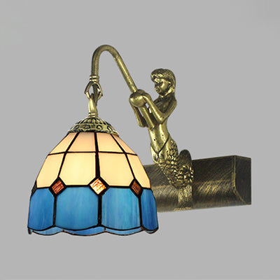 Dome Wall Light Fixture 1 Head Blue/Clear Glass Baroque Sconce Lighting with Mermaid Backplate Blue Clearhalo 'Industrial' 'Middle century wall lights' 'Tiffany wall lights' 'Tiffany' 'Wall Lamps & Sconces' 'Wall Lights' Lighting' 24615