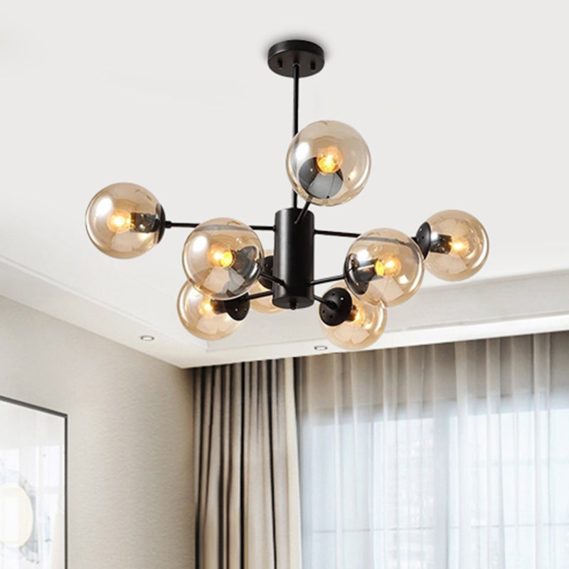 Amber/Blue/Clear Glass Spherical Chandelier Light Post Modern 6/8/10 Lights Black Pendant Lamp for Bedroom Clearhalo 'Ceiling Lights' 'Chandeliers' 'Clear' 'Glass shade' 'Glass' 'Industrial' 'Modern Chandeliers' 'Modern' 'Tiffany' 'Traditional Chandeliers' Lighting' 246152