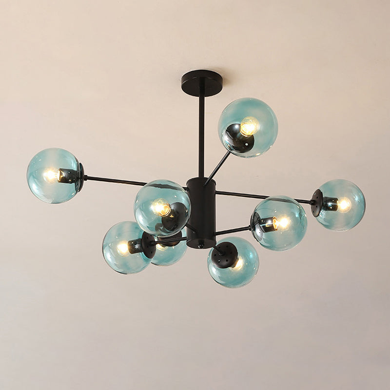 Amber/Blue/Clear Glass Spherical Chandelier Light Post Modern 6/8/10 Lights Black Pendant Lamp for Bedroom 8 Blue Clearhalo 'Ceiling Lights' 'Chandeliers' 'Clear' 'Glass shade' 'Glass' 'Industrial' 'Modern Chandeliers' 'Modern' 'Tiffany' 'Traditional Chandeliers' Lighting' 246153
