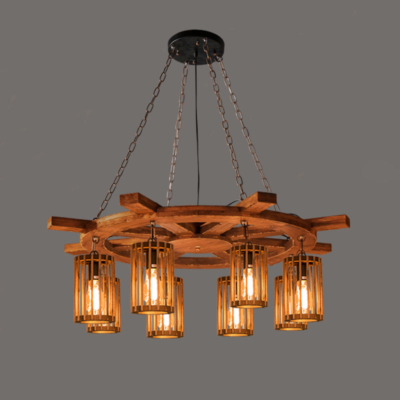 Farmhouse Cylindrical Cage Chandelier Light Wooden Hanging Lamp Kit for Dining Room Wood Hollow Clearhalo 'Carpenter Chandeliers' 'Ceiling Lights' 'Chandeliers' 'Industrial Chandeliers' 'Industrial' 'Middle Century Chandeliers' 'Modern' 'Tiffany' Lighting' 2461536